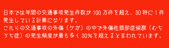 日本では年間の交通事故発生件数が100万件を超え、30秒に1件発生している計算になります。これらの交通事故の外傷（ケガ）の中で外傷性頚部症候群（むちうち症）の発生頻度が最も多く30％を超えると言われています。